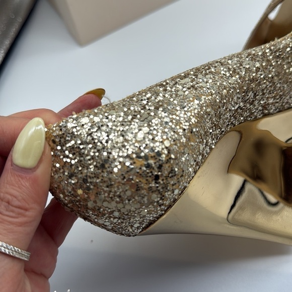 Jimmy  Choo Baxen Woven Metallic Peep Toe Wedge Heels Gold Glitter Size 38 - Picture 12 of 16